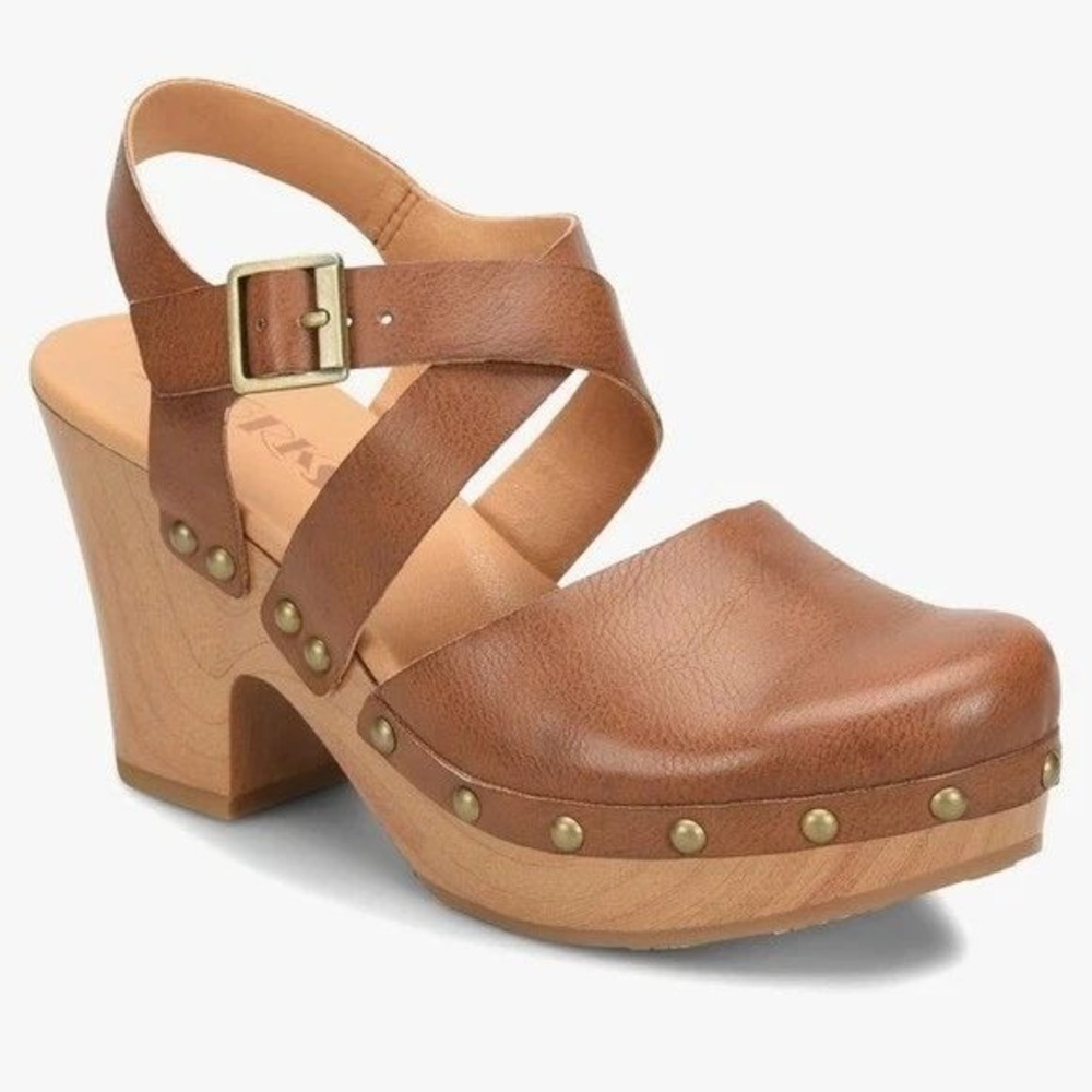 Korks ABloom Clog Sandals Women 7M Brown Studded Wood Block Heel Boho Chic Retro